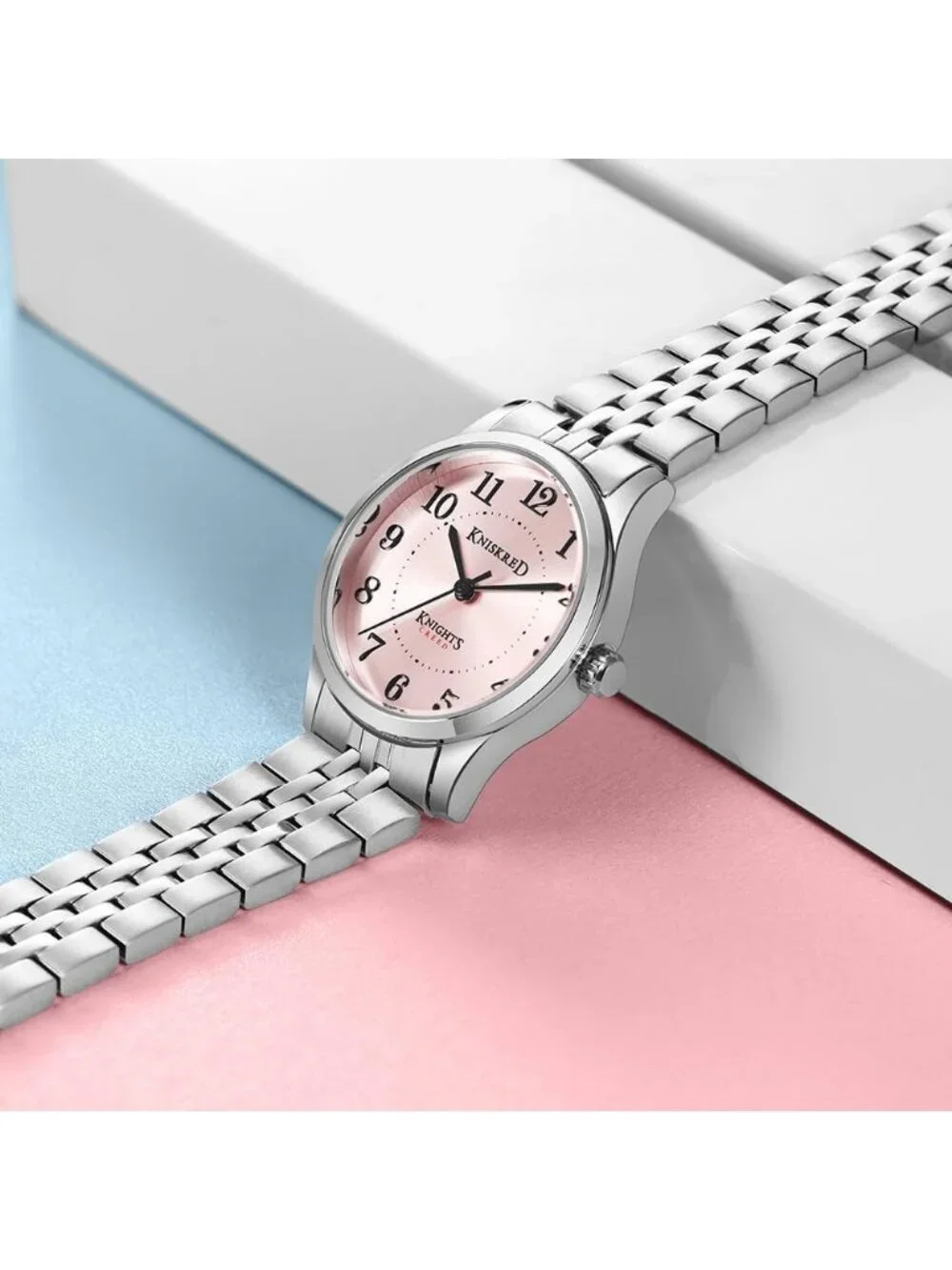 Women's Silver Pink Solid Stainless Steel Band Easy to Read Dial Wrist Watch